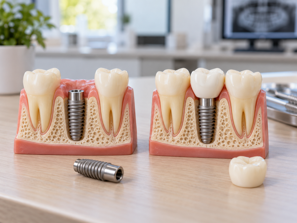 Dental models compare a titanium implant fixture without a crown to a completed implant restoration with an abutment and ceramic crown.